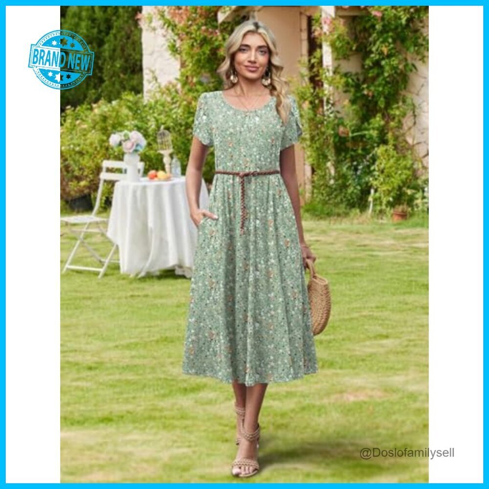 Flowy Midi Sundress Petal Sleeve A-Line Bohemian Casual Elegant Summer Dress - Picture 5 of 7